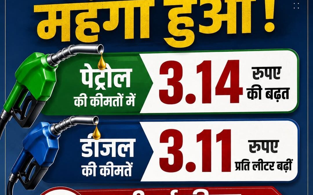 पेट्रोल की कीमतों में 3.14 रुपए की बढ़त,
डीजल की कीमतें 3.11 रुपए प्रति लीटर बढ़…