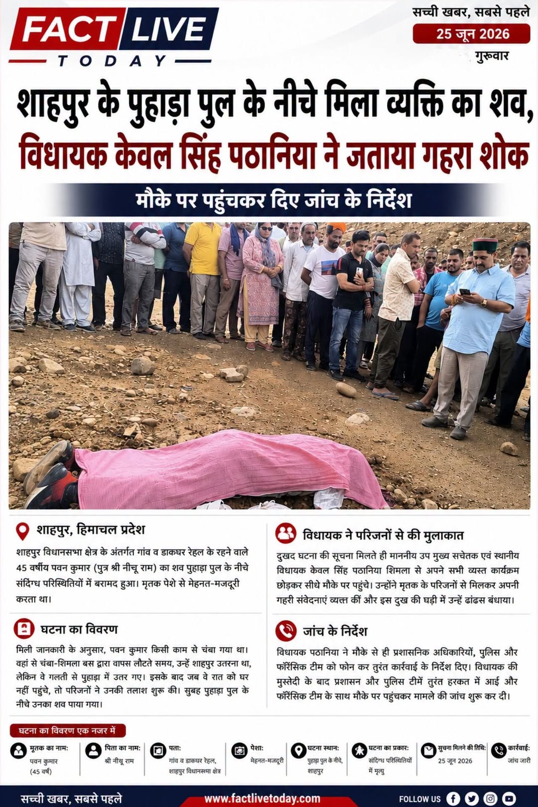 शाहपुर के पुहाड़ा पुल के नीचे मिला व्यक्ति का शव, विधायक केवल सिंह पठानिया ने जत…
