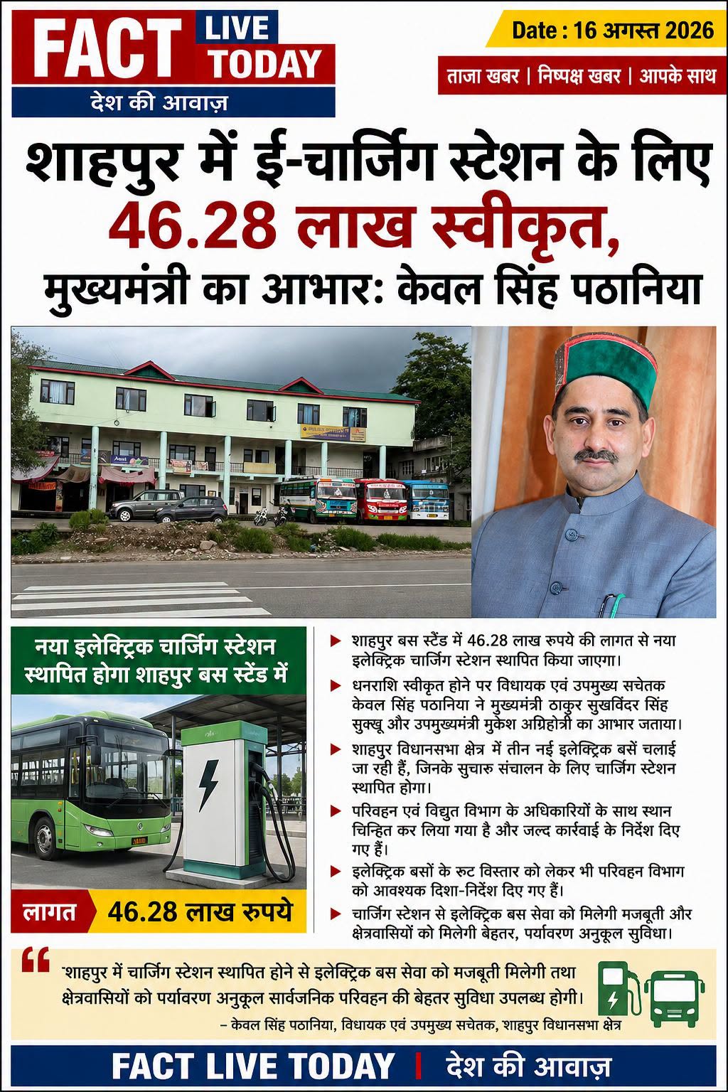 शाहपुर में ई-चार्जिंग स्टेशन के लिए 46.28 लाख स्वीकृत, मुख्यमंत्री का आभार: केवल…