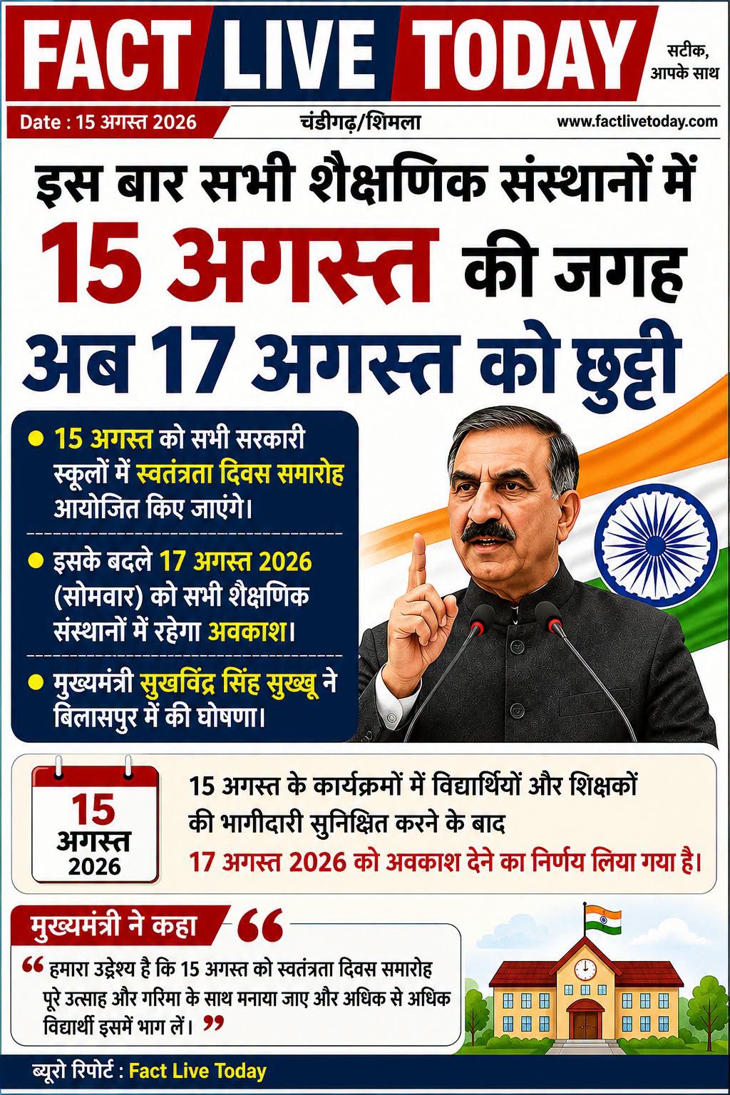स्वतंत्रता दिवस की हार्दिक शुभकामनाएं
15 अगस्त की जगह 17 अगस्त को स्कूलों में रह…