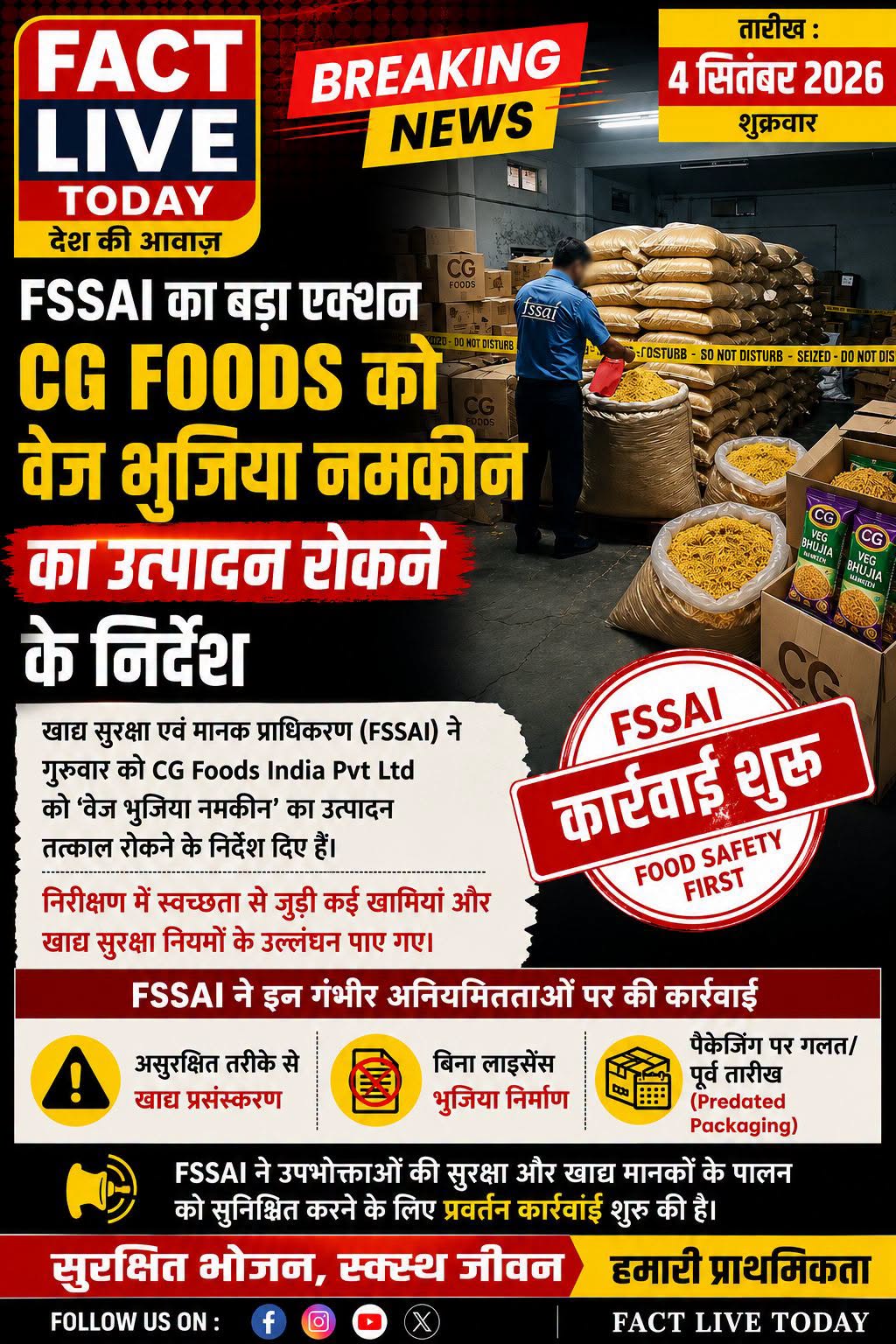 FSSAI का बड़ा एक्शन: CG Foods को ‘वेज भुजिया नमकीन’ का उत्पादन रोकने के निर्देश
…