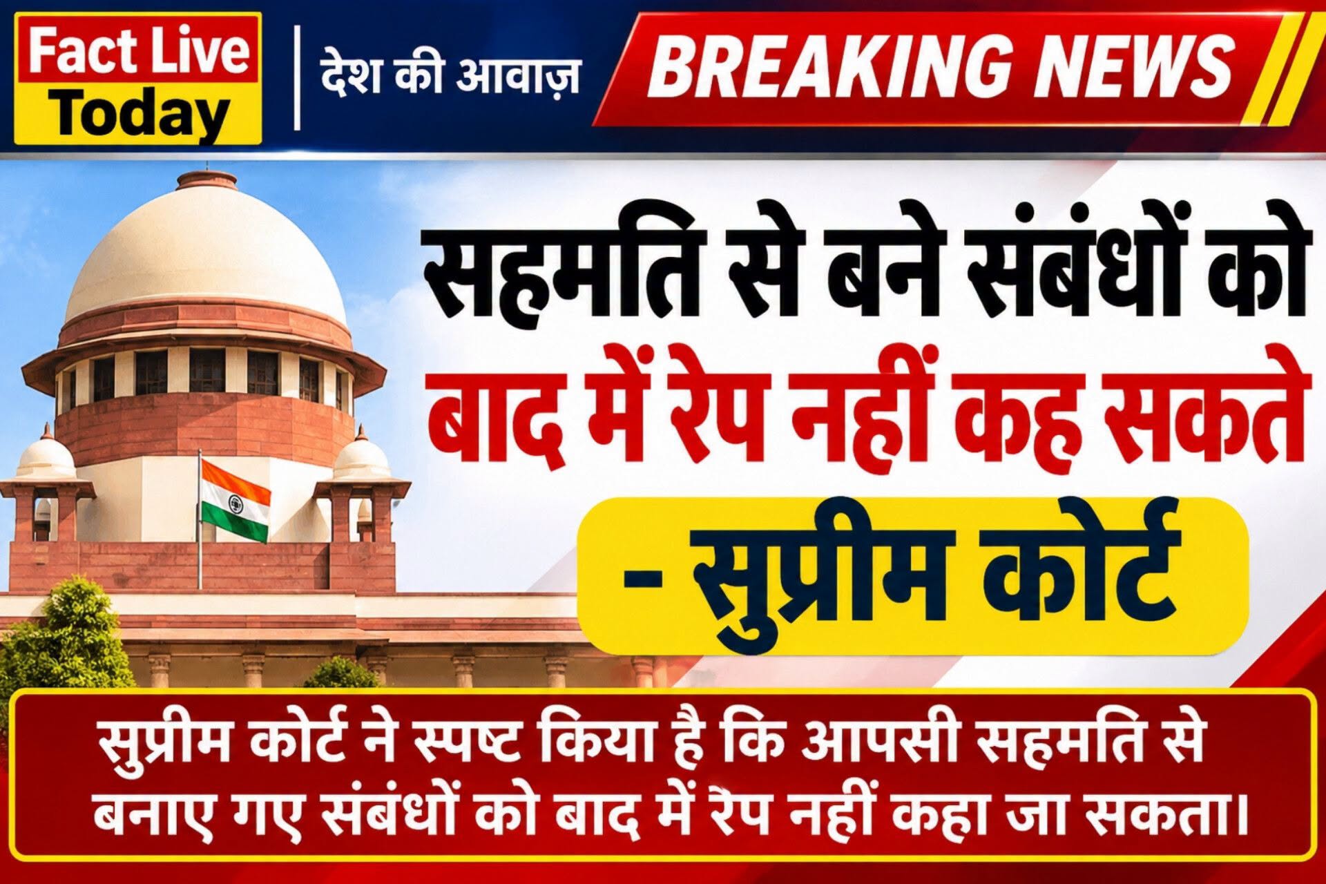 सहमति से बने संबंधों को बाद में दुष्कर्म नहीं कहा जा सकता : सुप्रीम कोर्ट

सहमति…
